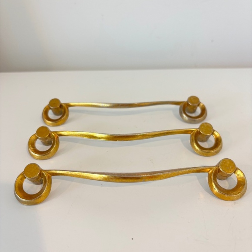 MCM Set of THREE drawer pulls mid century dresser handles gold toned 5.5" wide - Picture 1 of 12